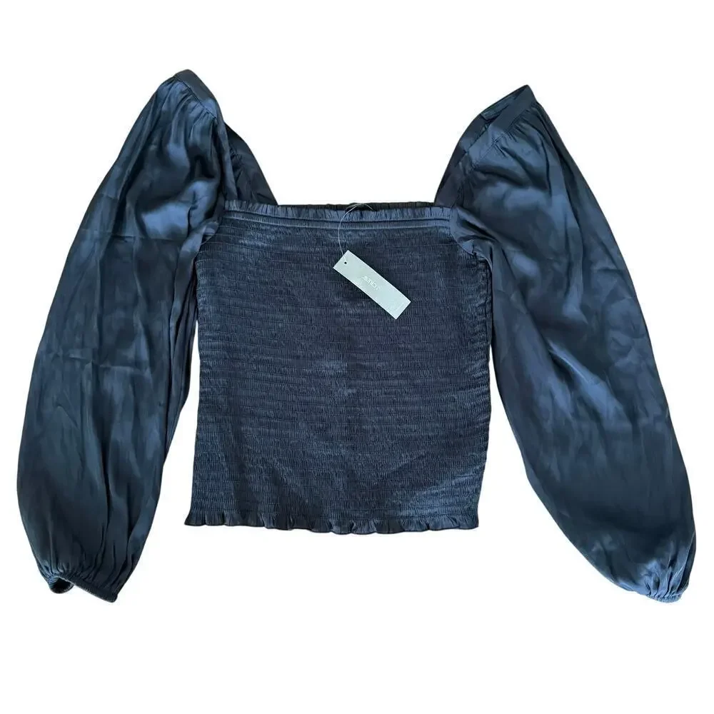 J.CREW | NWT Featherweight Smocked Square Neck Cropped Top Black Satin Size XS